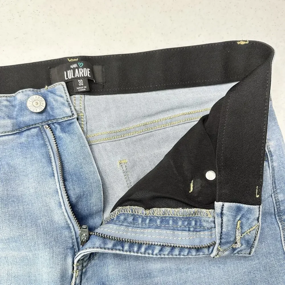 Lularoe Shorts 30 US 10 12 Skinny Bermuda Cuffed Blue Denim Tummy Panel Distress